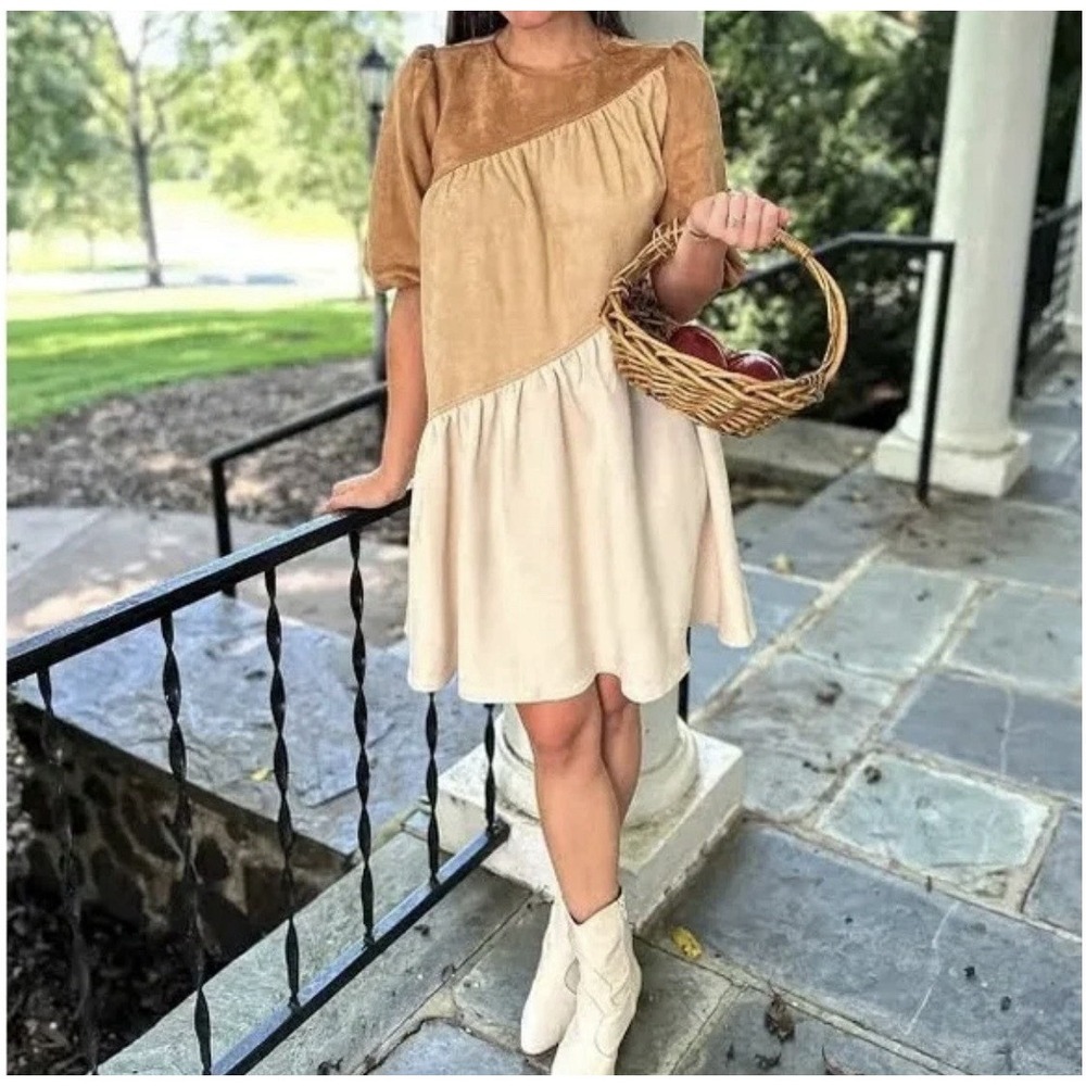 THML Faux Suede Colorblock Dress Asymmetrical  Puff Sleeves‎ Size M NWOT Rare